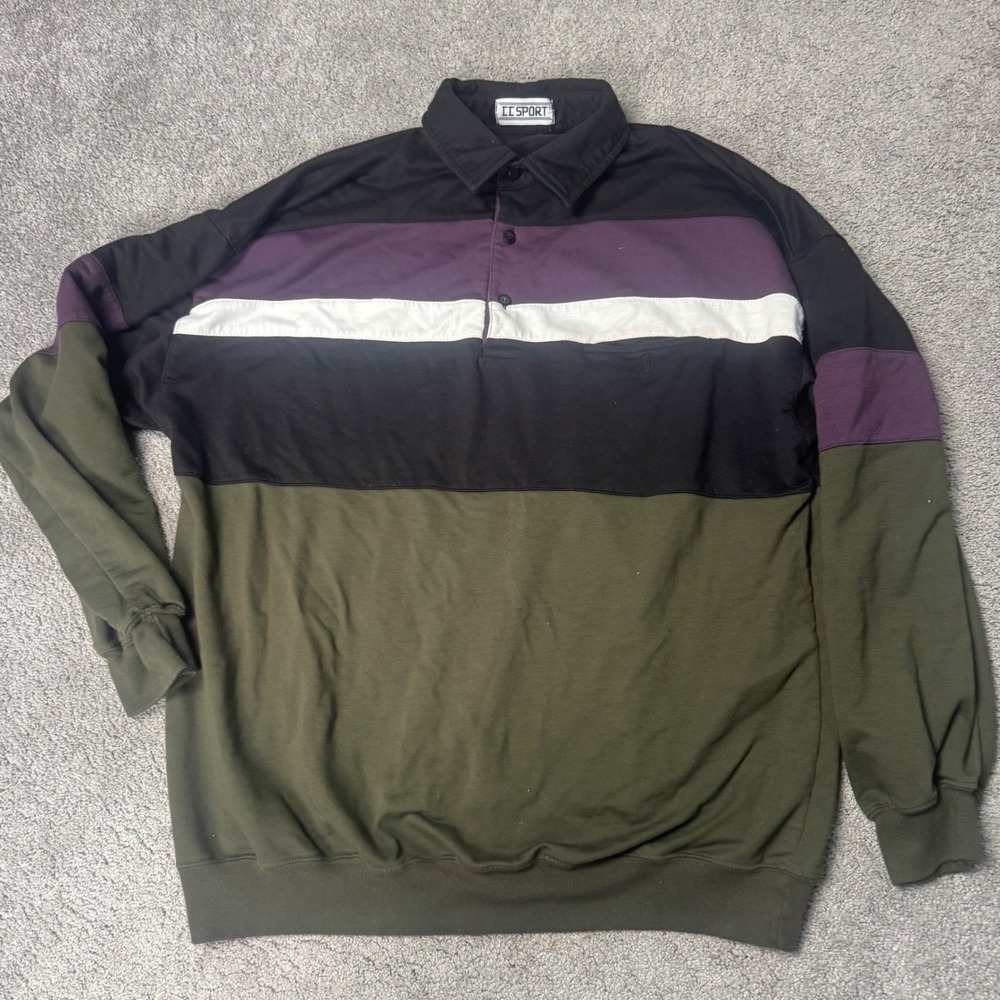 Vintage CC Sport Men's Large Long Sleeve Cotton Blend Polo Shirt Y2K Color Block
